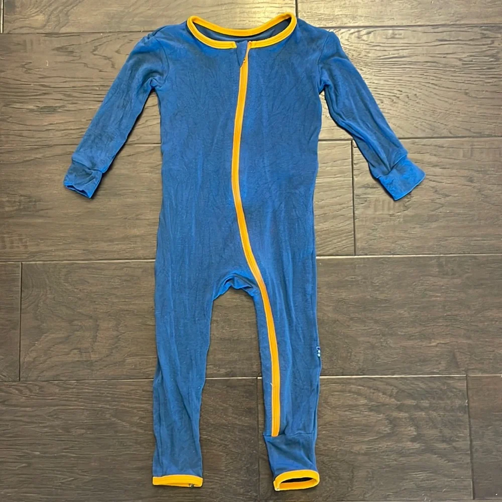 Kickee Pants bamboo blue zip romper with drums size 12-18 months